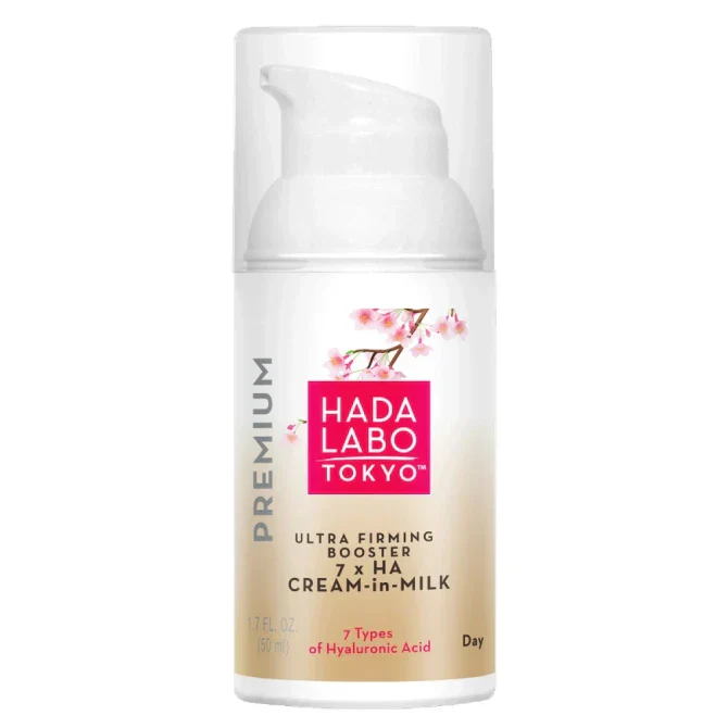 Flacon de Hada Labo Ultra Firming Booster 7xHA Cream-in-Milk pour une hydratation intense et un effet tenseur.