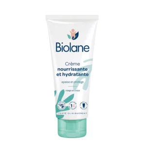 Tube de crème hydratante bébé Biolane 100ml pour visage et corps, soin dermo-pédiatrique naturel nourrissant au beurre de karité