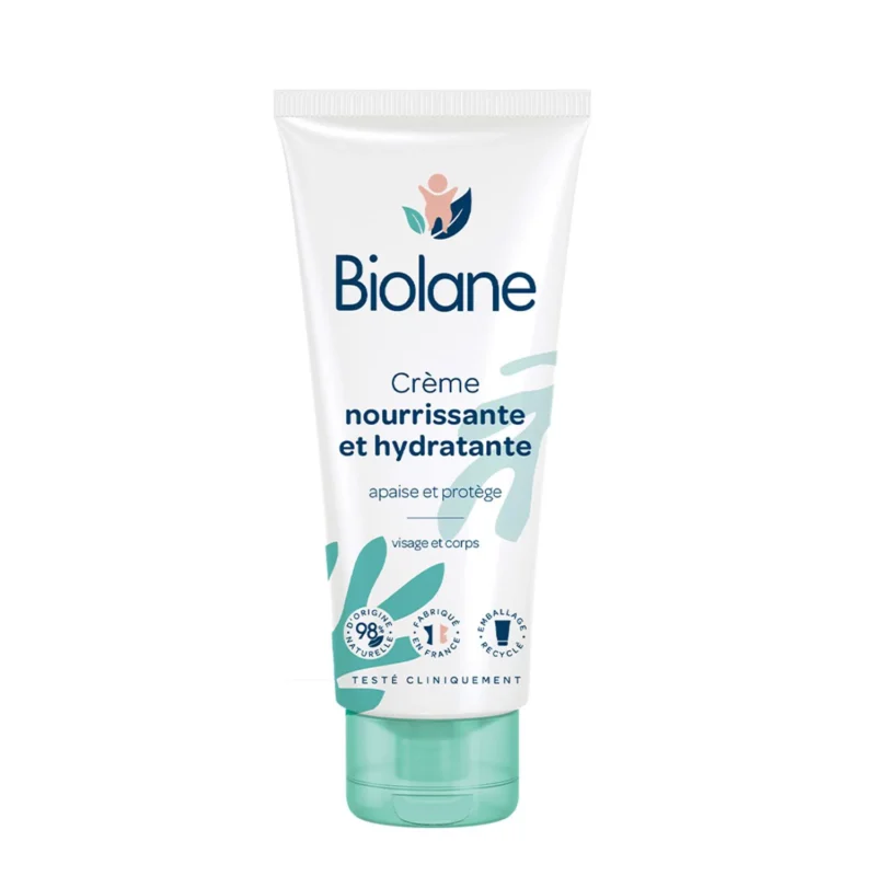 Biolane-Creme-nourrissante-et-hydratante-Vert-et-blanc-100-ml Tube de crème hydratante bébé Biolane 100ml pour visage et corps, soin dermo-pédiatrique naturel nourrissant au beurre de karité