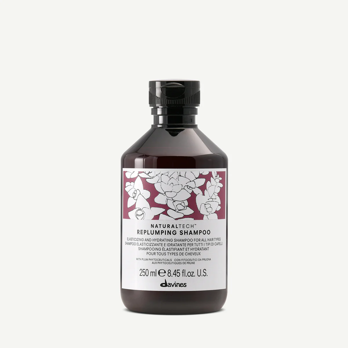 Flacon de Davines Naturaltech Replumping Shampoo, shampooing repulpant et reconstituant pour cheveux plats, fins ou fatigués.