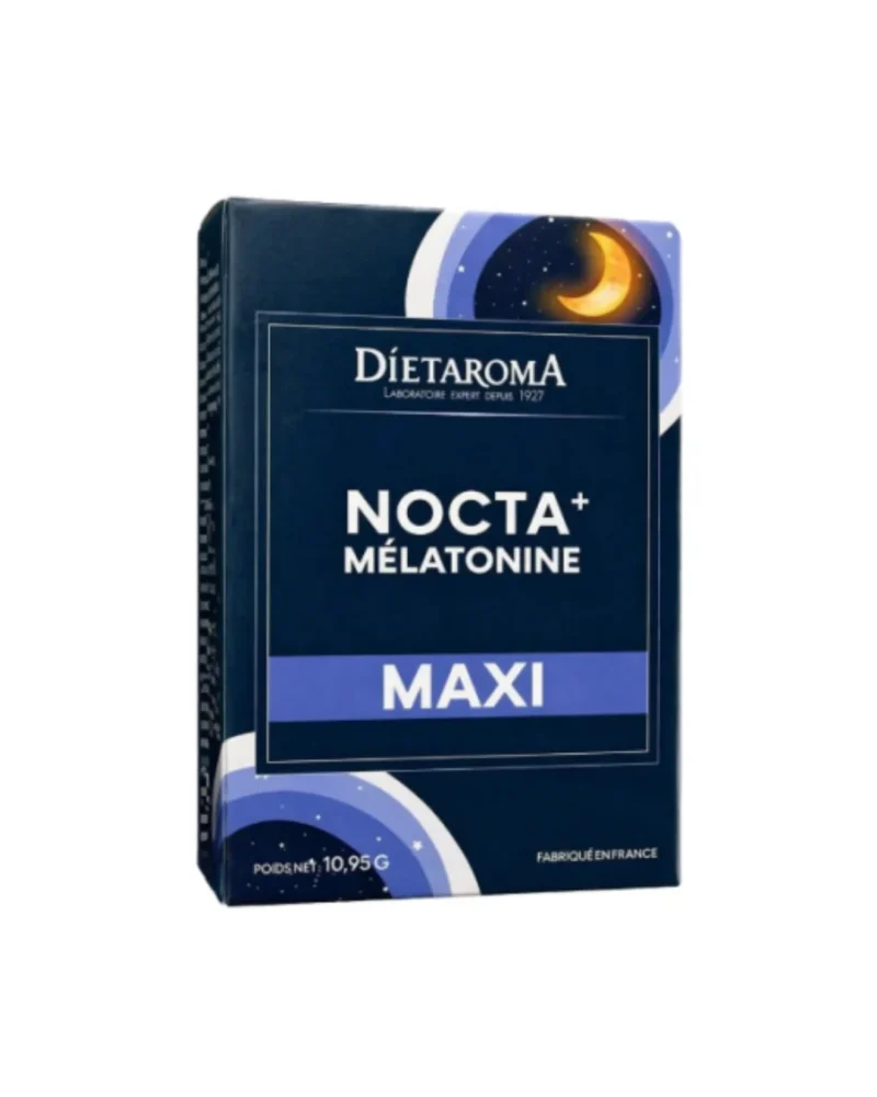dietaroma-nocta-melatonine-maxi-15-comprimes Boîte de compléments alimentaires Dietaroma Nocta+Melatonine Maxi contenant 15 comprimés pour le sommeil.
