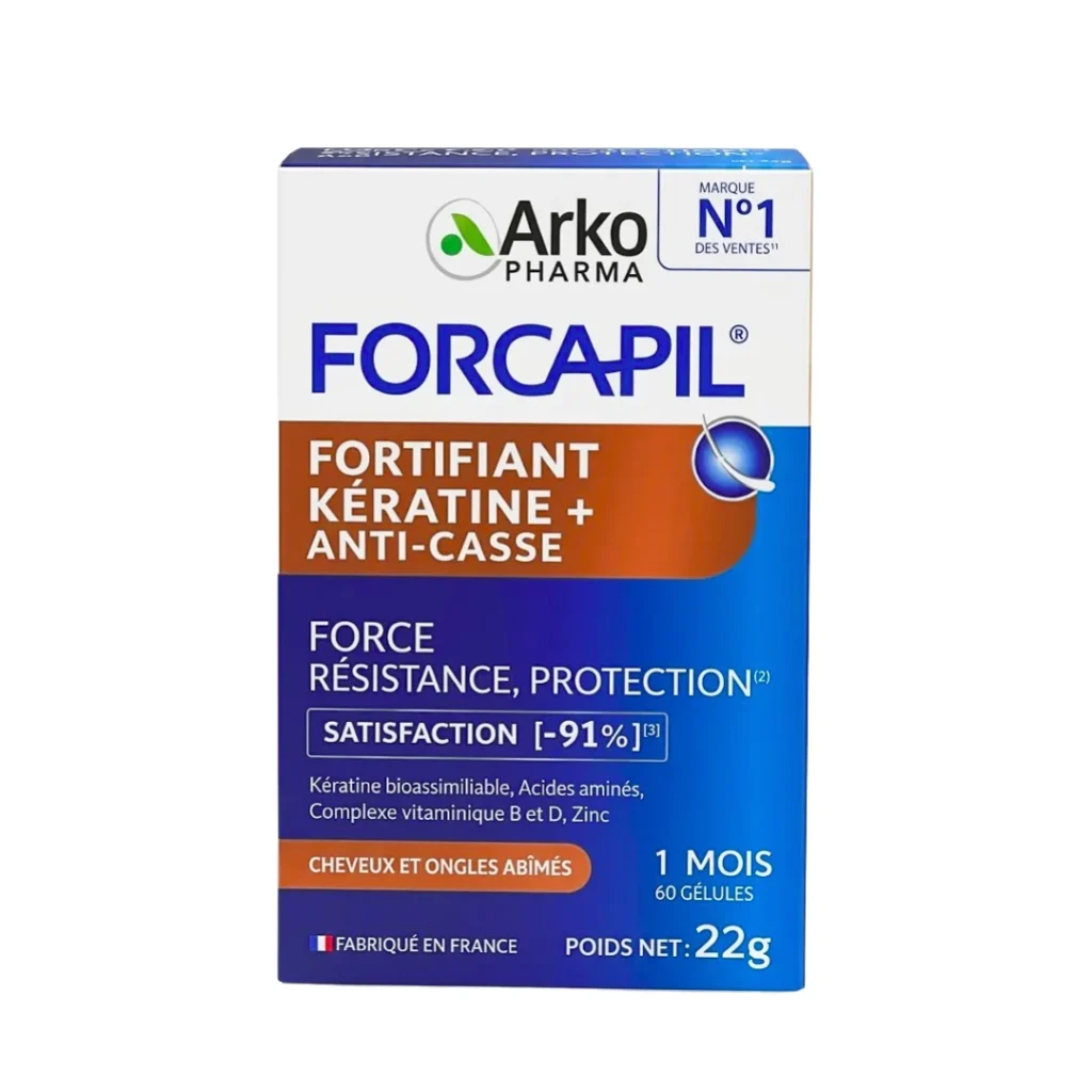 Boîte de Arkopharma Forcapil Kératine+ Anti-Casse contenant 60 gélules pour fortifier et réparer les cheveux fragiles.