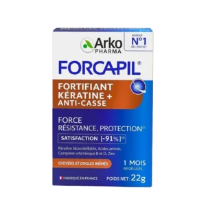 Boîte de Arkopharma Forcapil Kératine+ Anti-Casse contenant 60 gélules pour fortifier et réparer les cheveux fragiles.