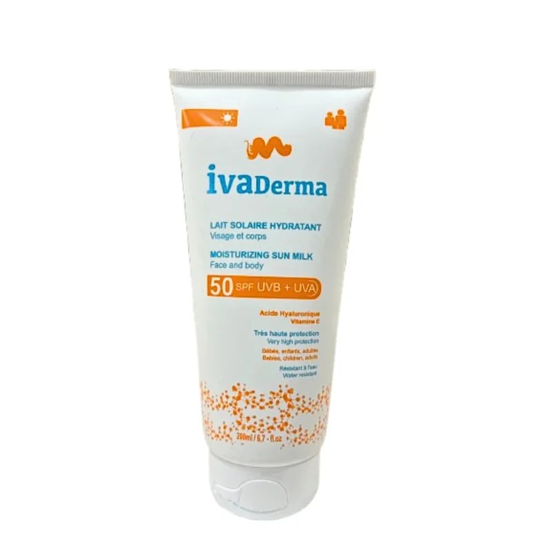 Flacon de Lait Solaire Hydratant Ivaderma SPF50 de 200ml pour protection visage et corps de toute la famille Ivaderma Solaire SPF50 Hydratant Visage et Corps 200ml – Très Haute Protection