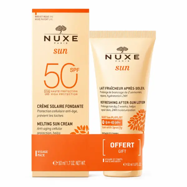 Nuxe Sun crème fondante SPF 50 en tube de 50ml accompagné de son Lait fraîcheur après-soleil de 50ml offert pour le visage et le corps