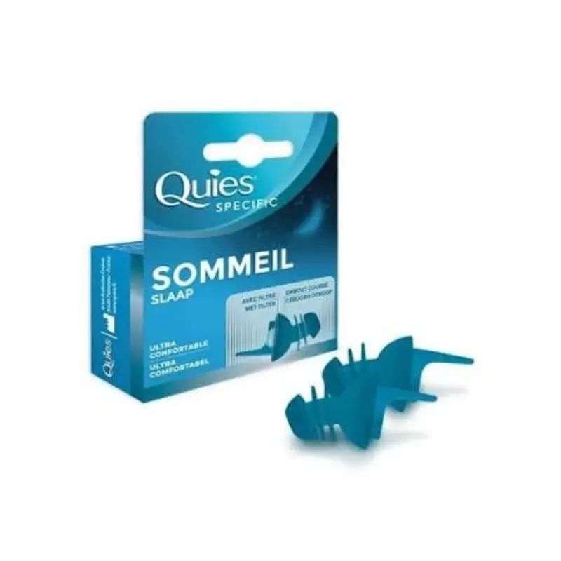 Boîte de Quies Specific Protection Auditive Sommeil contenant 1 paire de bouchons d'oreilles ergonomiques et leur boîtier.