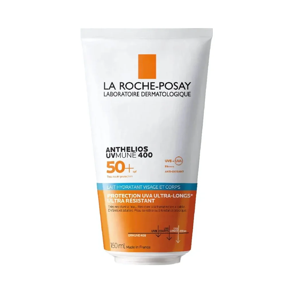 Tube de Lait Hydratant Solaire La Roche-Posay Anthelios UVMune 400 SPF50+ format 150ml pour visage et corps.