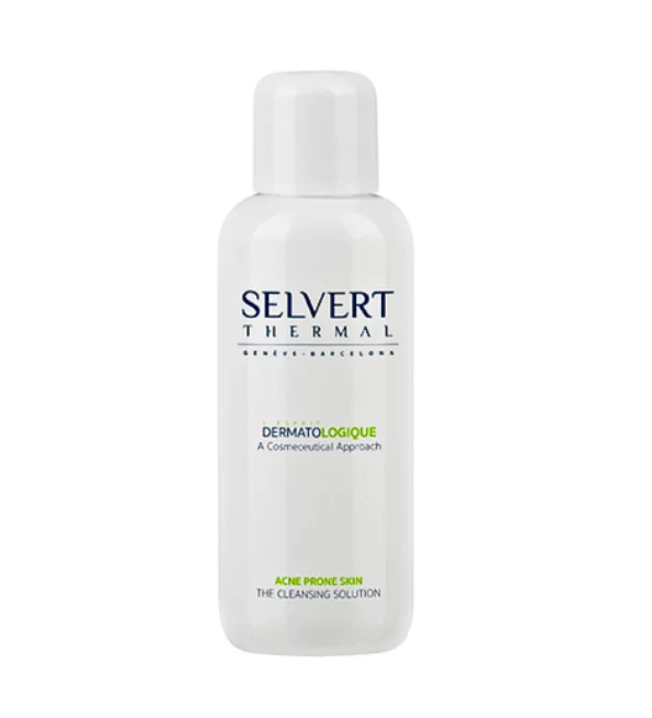 Flacon 200ml de Solution Nettoyante Peaux Acnéiques Selvert purifiante et matifiante.
