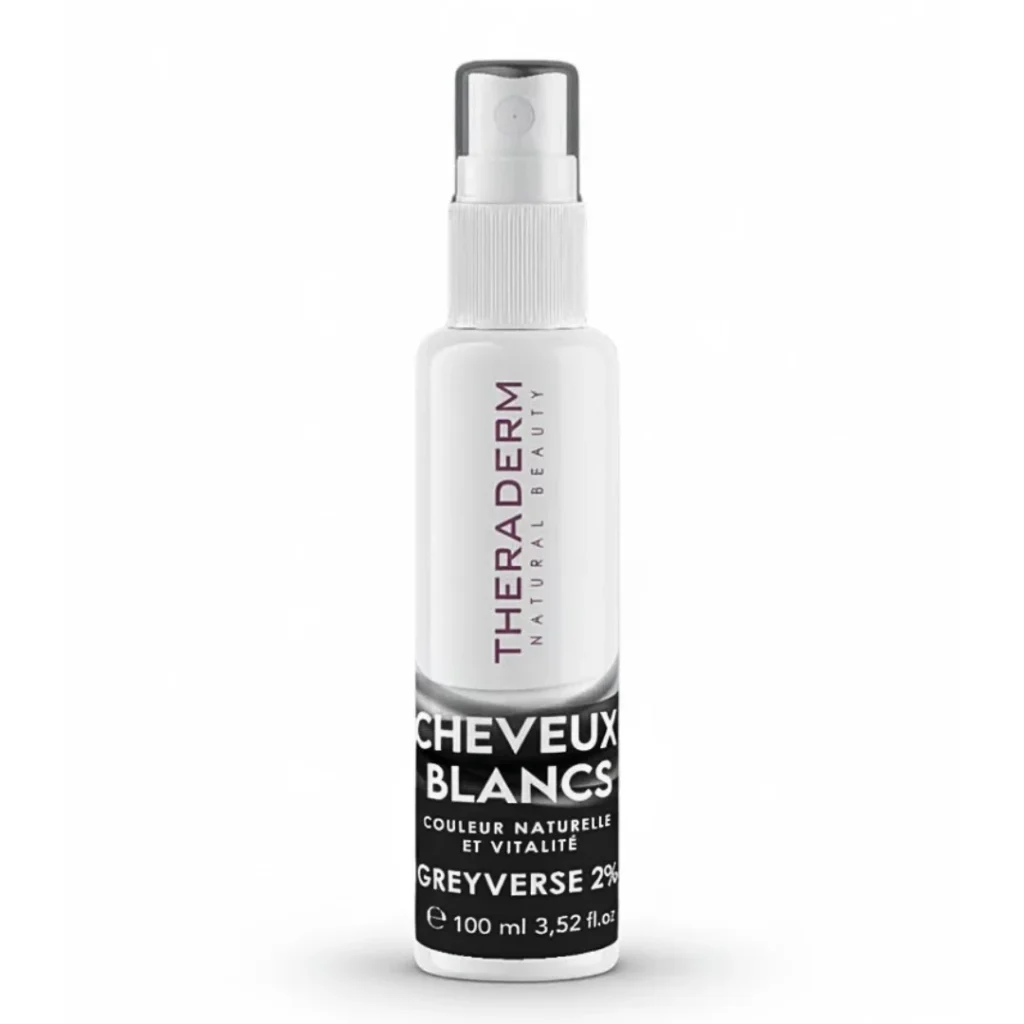 Theraderm spray anti-cheveux blancs Greyverse en flacon de 125ml, traitement dermo-capillaire repigmentant sans rinçage pour cheveux et barbe.