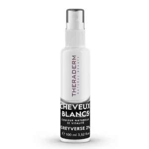 Theraderm spray anti-cheveux blancs Greyverse en flacon de 125ml, traitement dermo-capillaire repigmentant sans rinçage pour cheveux et barbe.
