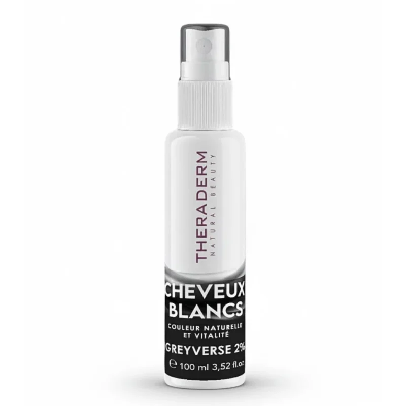Theraderm spray anti-cheveux blancs Greyverse en flacon de 125ml, traitement dermo-capillaire repigmentant sans rinçage pour cheveux et barbe.