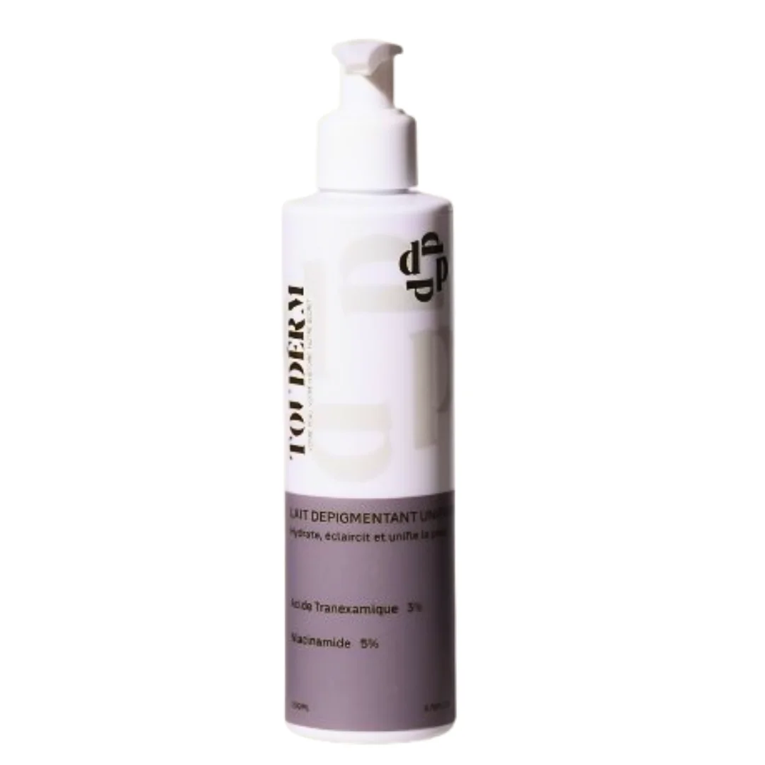 Touderm Lait Dépigmentant Unifiant en flacon de 200ml, soin corporel éclaircissant et hydratant à l'acide tranexamique et à la niacinamide