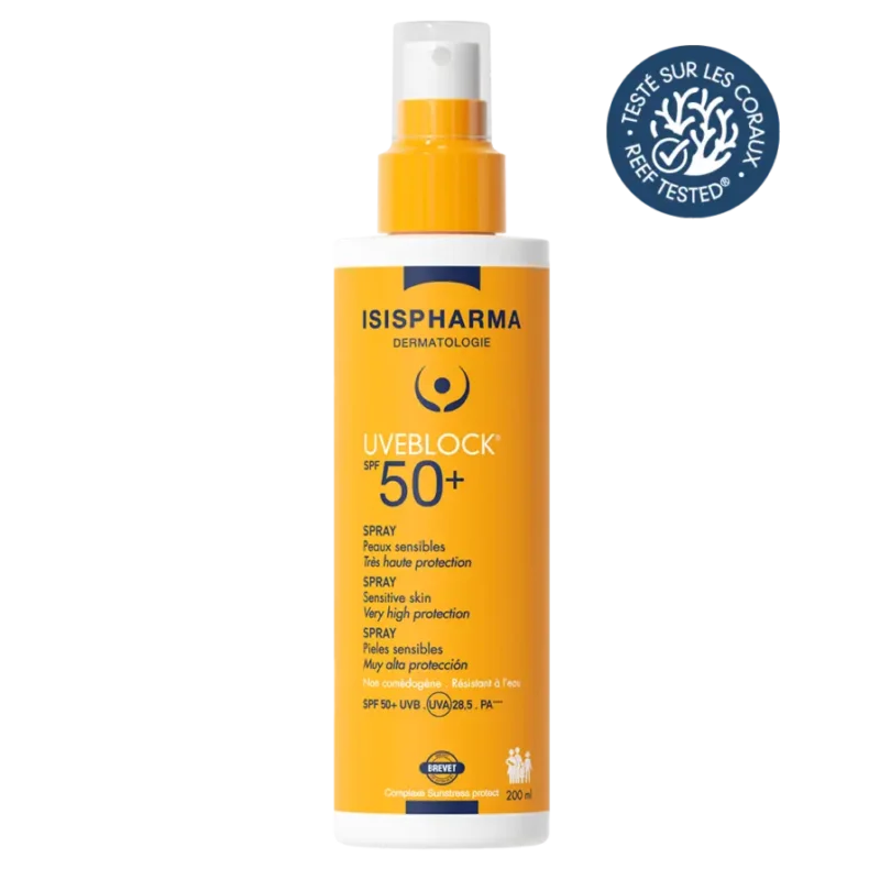 Uveblock-Spray-1 Isispharma Uveblock SPF 50+ Spray en flacon de 200ml, très haute protection solaire dermatologique et invisible pour corps et visage