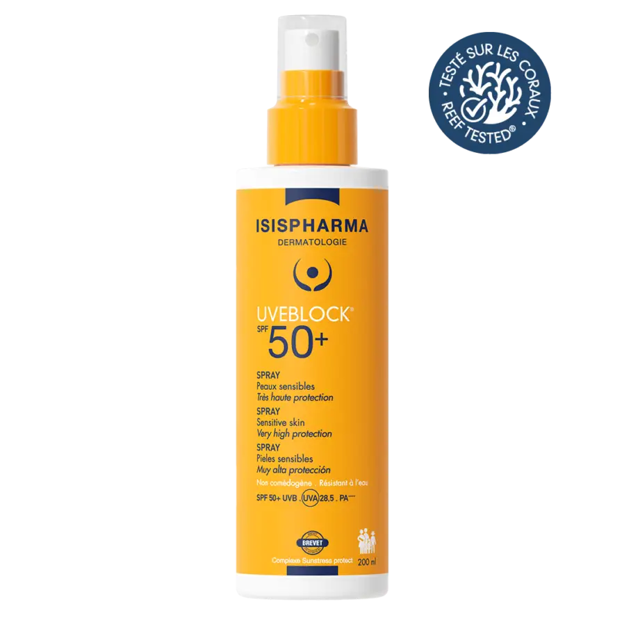 Isispharma Uveblock SPF 50+ Spray en flacon de 200ml, très haute protection solaire dermatologique et invisible pour corps et visage