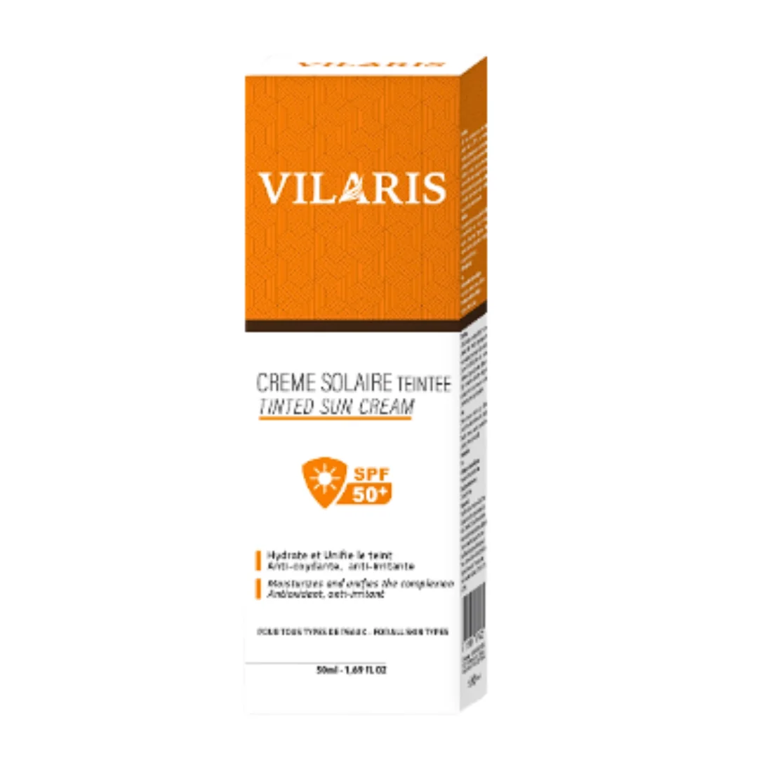 Tube de Vilaris Crème Solaire Teintée SPF50+ de 50ml pour un teint unifié, lumineux et protégé.