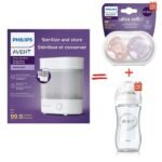 Pack promo Philips Avent contenant le stérilisateur Advanced, un biberon Natural Glass en verre et des sucettes Ultra Soft offertes.