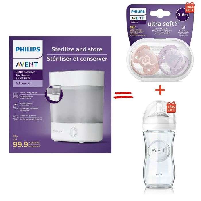 Pack promo Philips Avent contenant le stérilisateur Advanced, un biberon Natural Glass en verre et des sucettes Ultra Soft offertes.