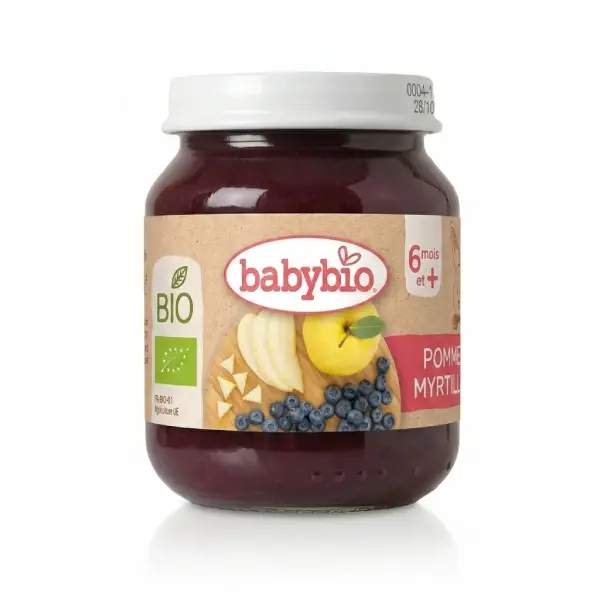 Petit pot en verre de 130g Babybio Pomme Myrtille, purée de fruits certifiée biologique pour bébé dès 6 mois