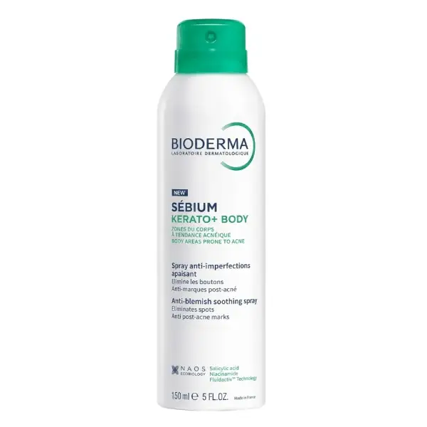 Bioderma Sébium Kerato+ Body spray en flacon de 150ml, soin corporel anti-imperfections, anti-marques et apaisant pour peaux acnéiques