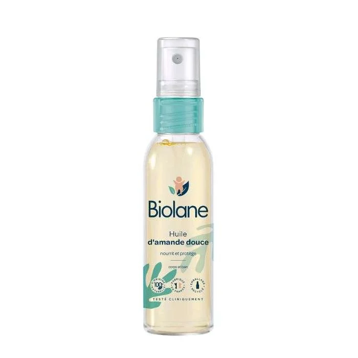 Flacon d'huile d'amande douce Biolane 75ml pour soin et massage bébé.