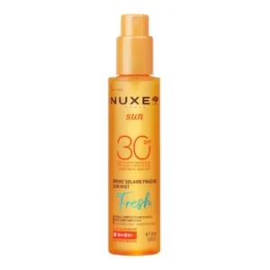 Nuxe Sun brume solaire fraîche SPF 30 en flacon spray de 150ml, protection solaire invisible et rafraîchissante pour le corps et le visage.