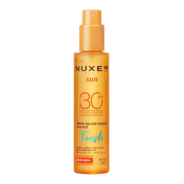 Nuxe Sun brume solaire fraîche SPF 30 en flacon spray de 150ml, protection solaire invisible et rafraîchissante pour le corps et le visage.