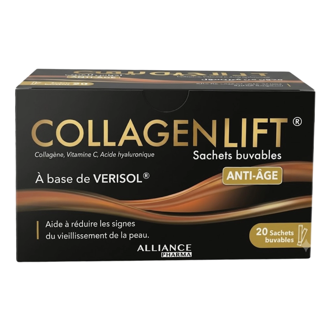 Boîte de collagen lift anti-age sachets buvables contenant 20 sachets pour une cure de collagène marin anti-rides et fermeté