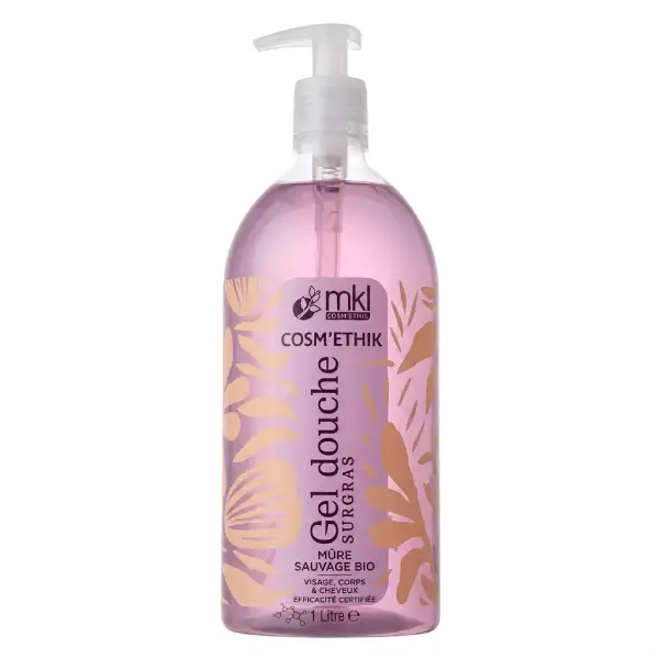 Flacon pompe de mkl gel douche surgras mure sauvage bio 1l pour l'hygiène, la douceur et l'hydratation gourmande de toute la famille