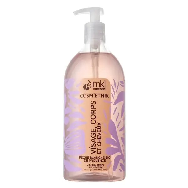 Flacon pompe de mkl gel douche surgras peche blanche bio 1l pour l'hygiène, la douceur et l'hydratation fruitée de toute la famille