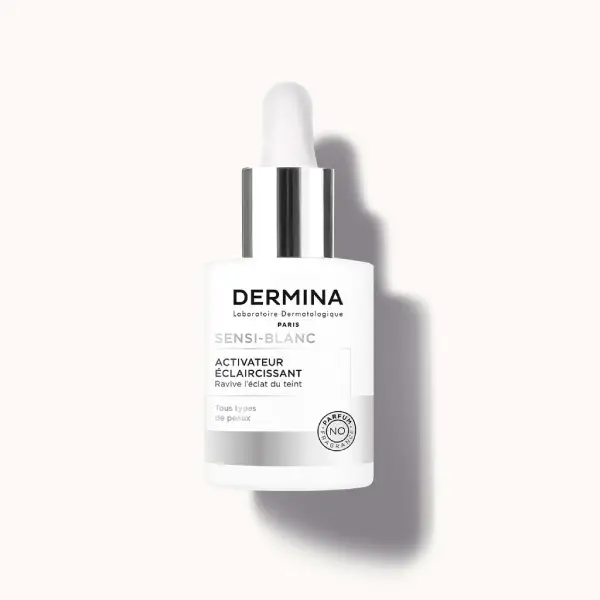Flacon-pompe de Dermina Sensi-Blanc Activateur Éclaircissant, sérum anti-taches pour peaux sensibles