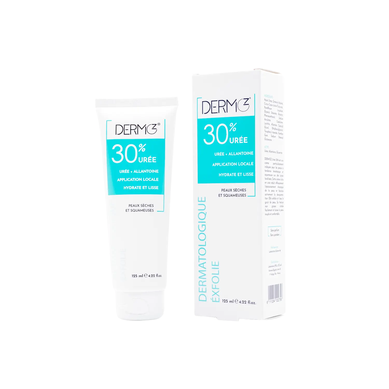 Dermoz crème urée 30% en tube de 125ml, soin dermatologique kératolytique et hydratant intense pour peaux très sèches et rugosités
