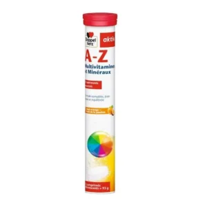 Tube de comprimés effervescents Doppelherz Aktiv A-Z Multivitamines et Minéraux goût orange fruit de la passion.