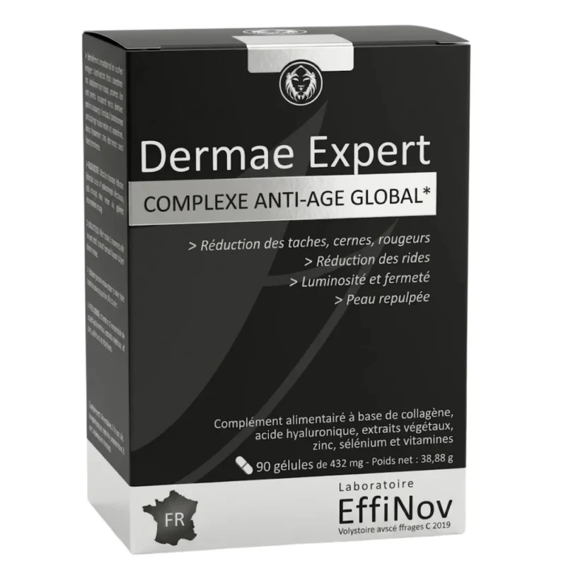Effinov Dermae Expert 90 gélules en boîte, complément alimentaire anti-âge global pour la fermeté, l'hydratation et l'éclat de la peau