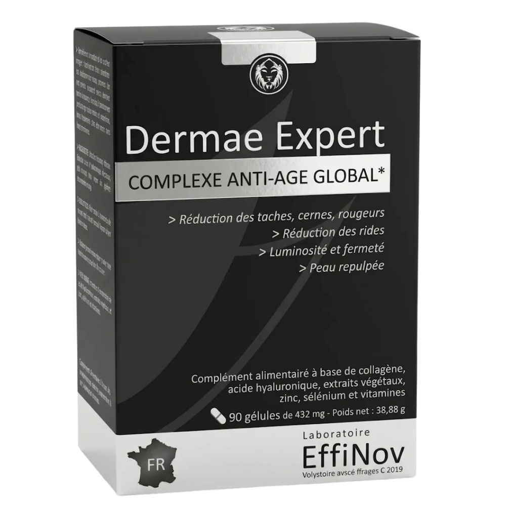 Effinov Dermae Expert 90 gélules en boîte, complément alimentaire anti-âge global pour la fermeté, l'hydratation et l'éclat de la peau