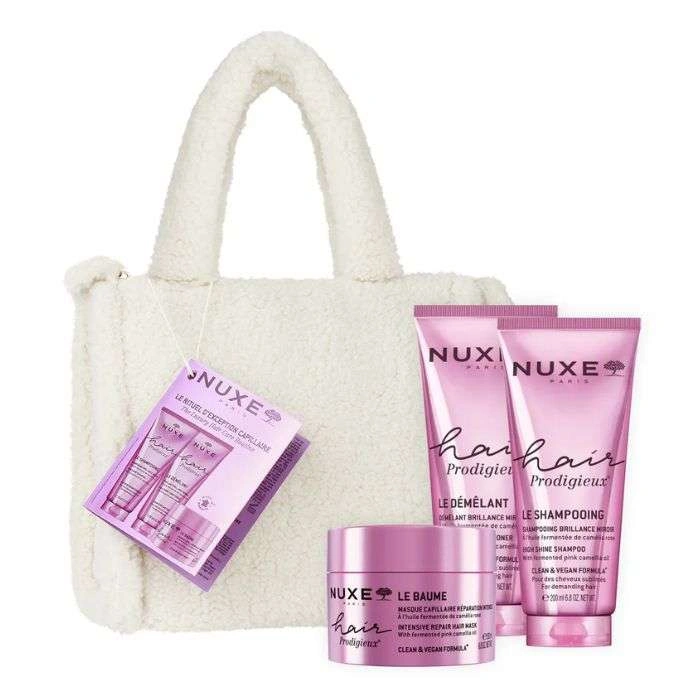 Coffret NUXE Le Rituel d'Exception Capillaire Hair Prodigieux comprenant Shampoing, Démêlant, Masque 200ml et son sac blanc offert.
