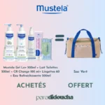 Pack Offre Mustela réunissant le Gel Lavant 500ml, le Lait 500ml, la Crème Change 100ml, les Lingettes, l'Eau Rafraîchissante et un sac à langer offert.