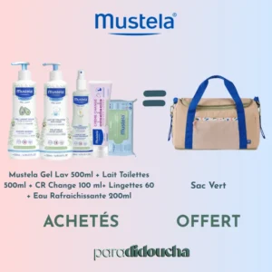 Pack Offre Mustela réunissant le Gel Lavant 500ml, le Lait 500ml, la Crème Change 100ml, les Lingettes, l'Eau Rafraîchissante et un sac à langer offert.
