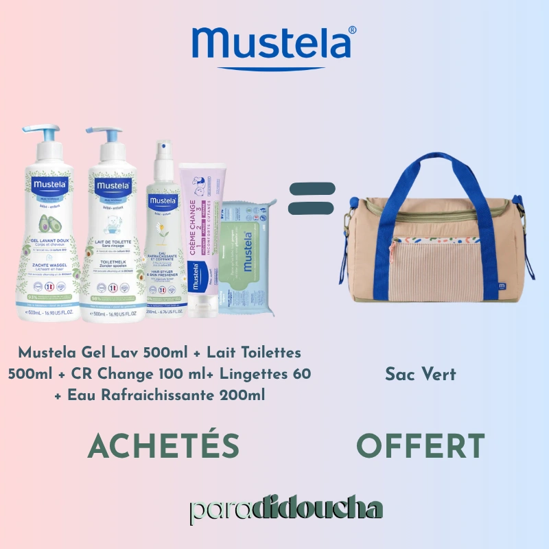 Pack Offre Mustela réunissant le Gel Lavant 500ml, le Lait 500ml, la Crème Change 100ml, les Lingettes, l'Eau Rafraîchissante et un sac à langer offert.