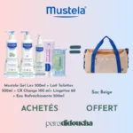 Pack Offre Mustela réunissant le Gel Lavant 500ml, le Lait 500ml, la Crème Change 100ml, les Lingettes, l'Eau Rafraîchissante et un sac à langer offert.