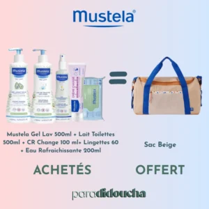 Pack Offre Mustela réunissant le Gel Lavant 500ml, le Lait 500ml, la Crème Change 100ml, les Lingettes, l'Eau Rafraîchissante et un sac à langer offert.