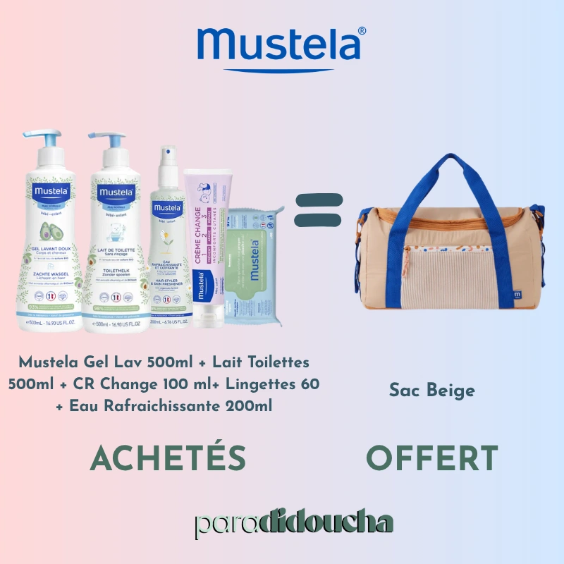 Pack Offre Mustela réunissant le Gel Lavant 500ml, le Lait 500ml, la Crème Change 100ml, les Lingettes, l'Eau Rafraîchissante et un sac à langer offert.
