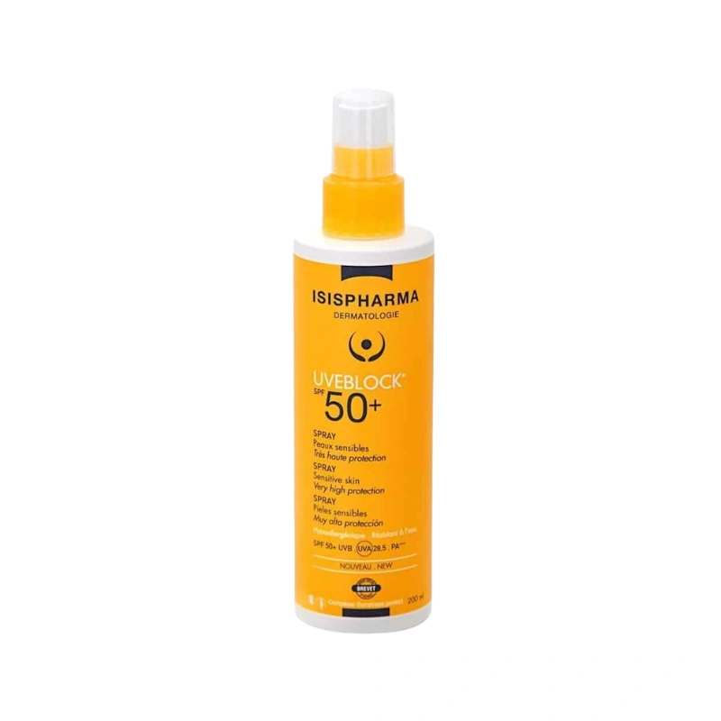 Flacon pompe d'Isispharma Uveblock Spray Peaux Sensibles SPF50+ de 200ml à texture légère et invisible.