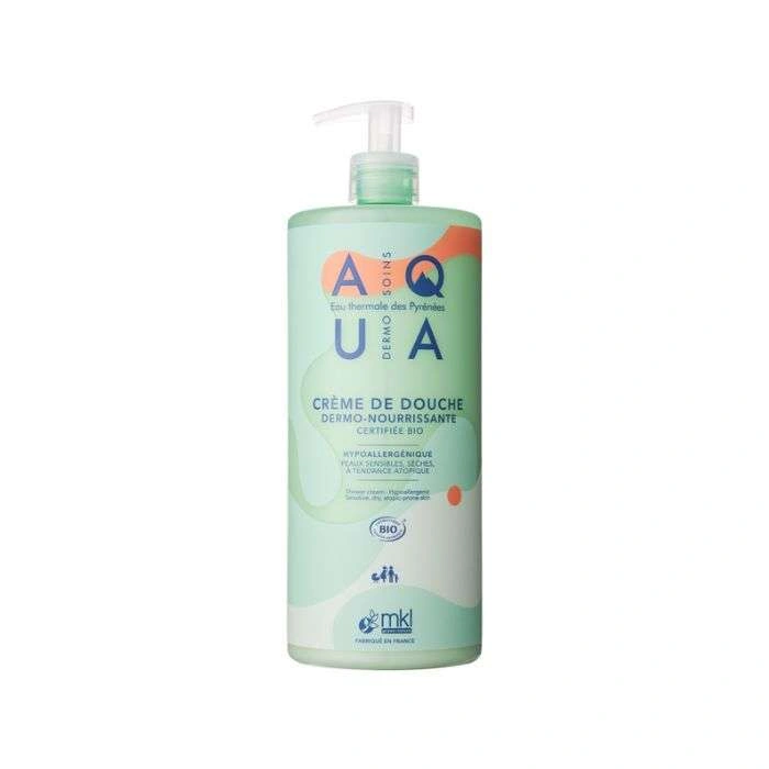 Flacon pompe de 1 Litre de MKL Aqua Crème de Douche Dermo Nourrissante, soin lavant onctueux sans sulfates pour peaux sèches et sensibles.