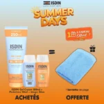 Pack Offre Isdin Summer réunissant le Gel Cream 250ml, le Pediatrics 50ml, le Magic Glow 50ml et une serviette de plage offerte.