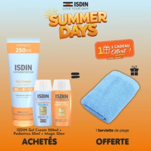 Pack Offre Isdin Summer réunissant le Gel Cream 250ml, le Pediatrics 50ml, le Magic Glow 50ml et une serviette de plage offerte.
