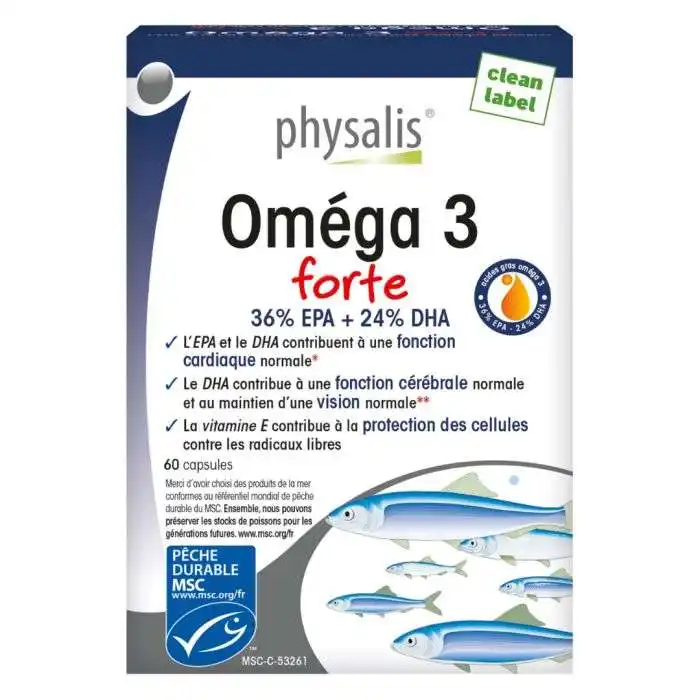 Boîte de complément alimentaire Physalis Oméga 3 Forte 60 capsules concentrées en EPA et DHA.