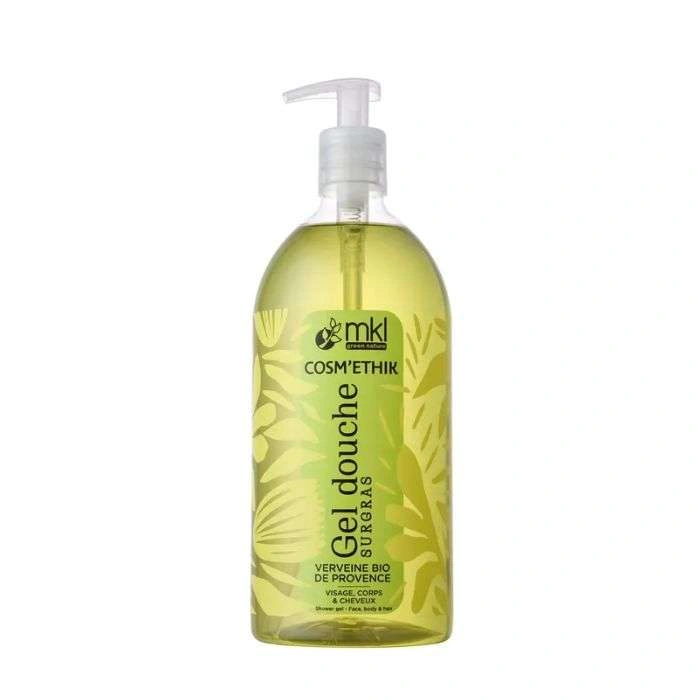 Flacon pompe 1 Litre de MKL Cosmethik Gel Douche Surgras Verveine Bio de Provence, soin lavant visage et corps rafraîchissant.