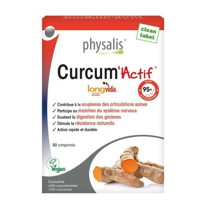 Boîte de complément alimentaire Physalis Curcum'Actif 30 comprimés à la curcumine Longvida.
