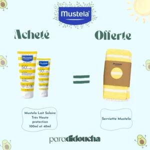 Pack promo Mustela comprenant le Lait Solaire 100ml, le Lait Solaire 40ml et une serviette de plage offerte.