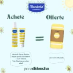 Pack promo Mustela comprenant le Spray Solaire 200ml, le Lait Solaire 40ml et une serviette de plage offerte.